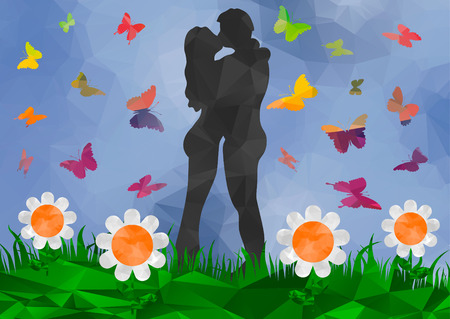 low poly background couple kissingのイラスト素材