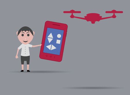 boy driving drone with mobile phone