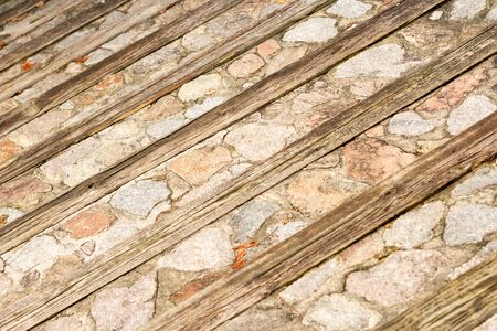 park stone wood stairway in forest walk abstract view with tiltの写真素材