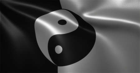 Yin Yang Flag, Chinese YinYang Flag with waving folds, close up view, 3D renderingの写真素材