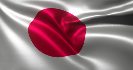 Japan Flag, Japanese flag with waving folds, close up view, 3D renderingの写真素材