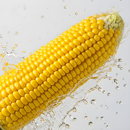 Corn close-up, white background, moist and watery, water splashing, detailedの素材