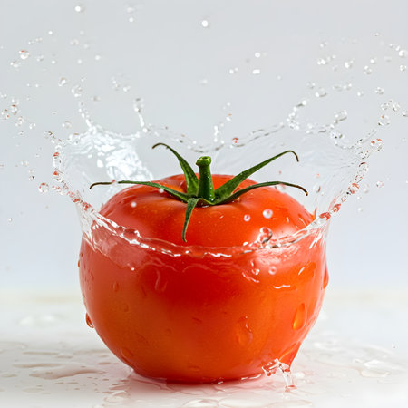 Tomato in water splash on white background. Shallow DOFの素材
