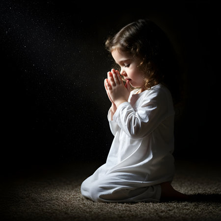 Little girl praying on dark background. Religion, spirituality, prayer concept.の素材