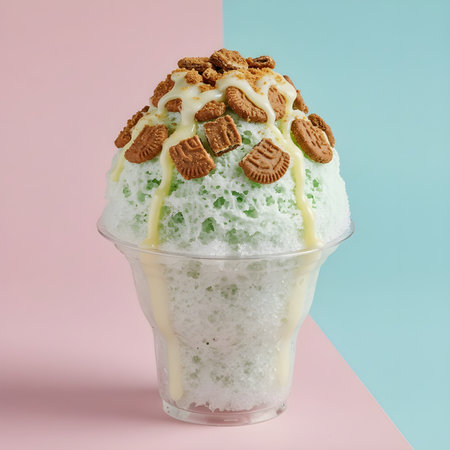 Ice cream with whipped cream and nuts in glass on pastel backgroundの素材