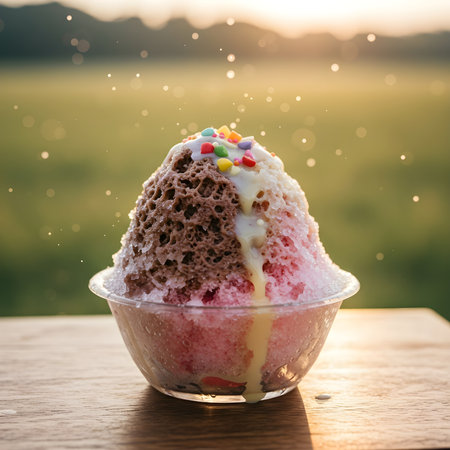 Ice cream in glass cup on wooden table with blur nature background.の素材