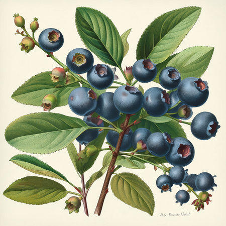 Blueberry branch with berries and leaves. Vintage style. Illustration.の素材