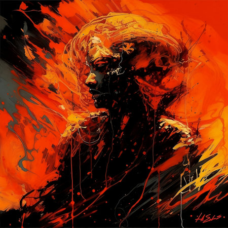 Grunge illustration of a beautiful woman with hair in the wind.の素材