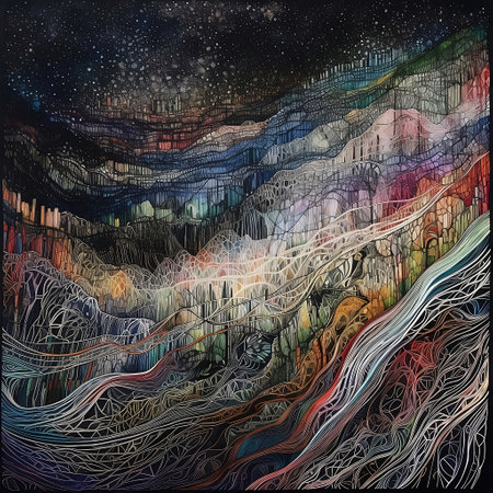 Abstract background with mountains, lines and stars. Hand-drawn illustration.の素材