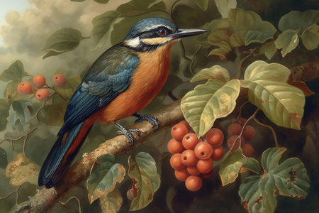 Bird on the branch of a tree with rowan berries. Digital painting.の素材