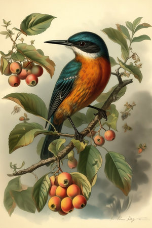Colorful bird sitting on a branch with berries. Vintage painting.の素材