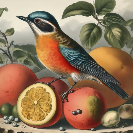 Tropical bird sitting on a branch of a tree with fruitsの素材