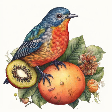 Watercolor hand drawn illustration of a red-bellied robin bird on a branch with apples and flowers.の素材