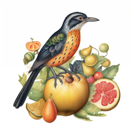 Watercolor illustration of a bird and fruits on a white background.の素材