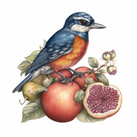 Watercolor illustration of a bird on a branch with fruit and berriesの素材