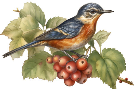 Illustration of a bird sitting on a branch of hawthornの素材