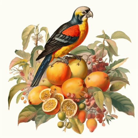 Illustration of a tropical parrot bird on a ripe fruit.の素材
