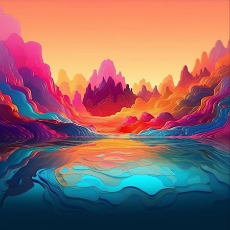 Illustration of a beautiful sunset over the lake with mountains in the backgroundの素材