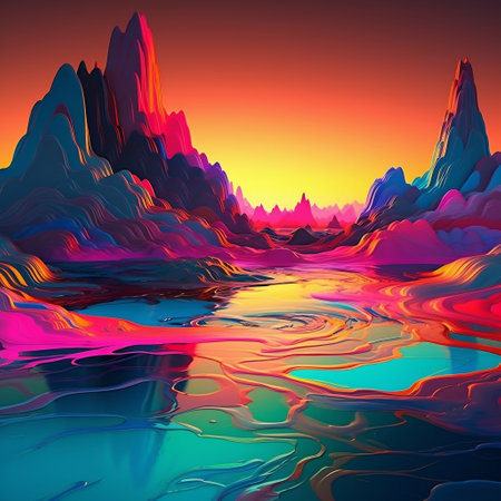 Fantasy landscape with mountains and lake. Computer generated 3D illustration.の素材