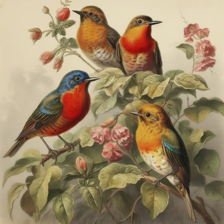 Birds on a branch of a blossoming tree. Original painting.の素材