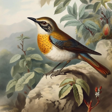 Beautiful bird on the rock in the jungle. Digital painting.の素材