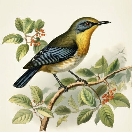 Illustration of a bird on a branch with rowan berries.の素材