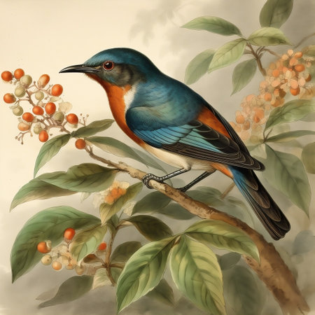 Beautiful bird on the branch with berries. Hand drawn illustration.の素材
