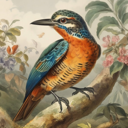 Illustration of a bird on a branch with leaves and flowers.の素材