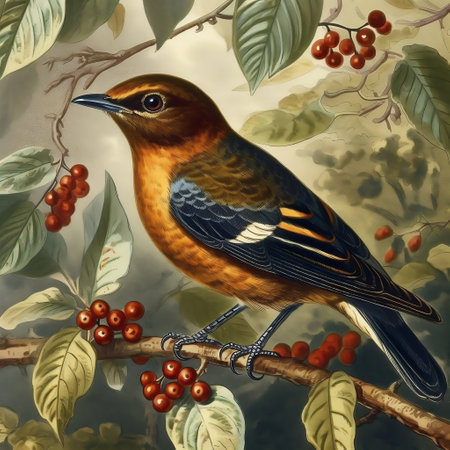 Titmouse sitting on the branch with rowan berries, illustrationの素材