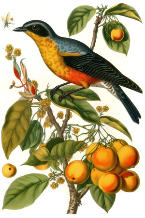 Tropical bird sitting on a tree branch with yellow flowers and orange fruitsの素材