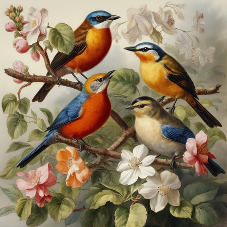 Birds on a branch of a blossoming tree with flowers.の素材