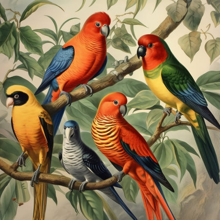 Colorful parrots on a tree branch in the garden. Illustrationの素材