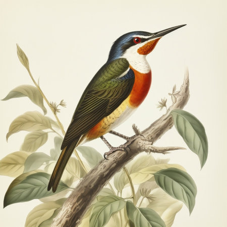 colorful bird on the branch with leaves in vintage style, illustrationの素材