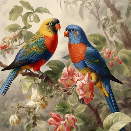 Two parrots on a branch of blooming jasmine treeの素材