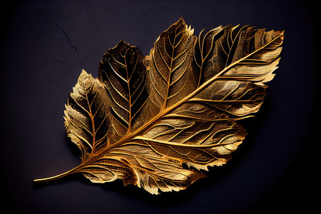 Golden leaf on black background. 3d illustration. Golden leaf.の素材