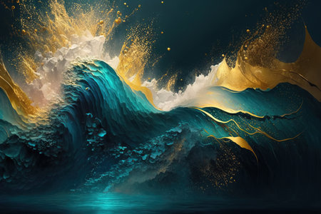 Abstract 3D illustration of blue and yellow waves. Fantasy art.の素材
