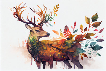 Watercolor illustration of a deer with autumn leaves on a white backgroundの素材