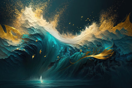 3d illustration of abstract background with waves and golden elements in waterの素材