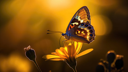 Butterfly on a yellow flower in the morning. Shallow depth of fieldの素材