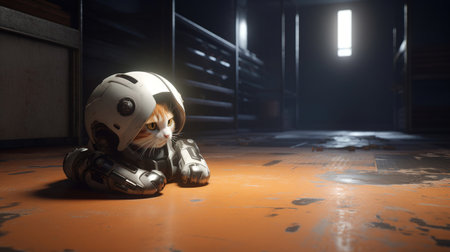 Cute cat in an astronaut suit sitting on the floor. 3D rendering.の素材