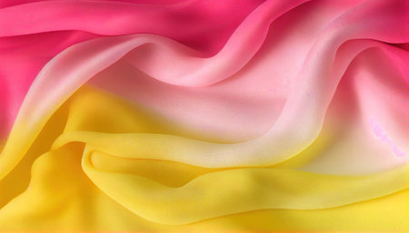 Closeup of rippled yellow and pink satin fabric as backgroundの素材