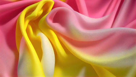abstract background of pink and yellow satin fabric with folds close upの素材