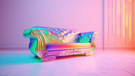 3d rendering of a sofa in a room with neon lights.の素材