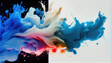 Colorful paint splashes isolated on black and white background. Abstract art.の素材