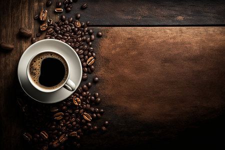 Coffee cup and coffee beans on wooden table. Top view with copy spaceの素材