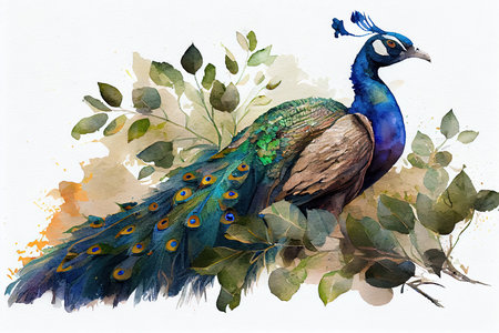 Beautiful peacock with feathers and flowers. Watercolor illustration.の素材