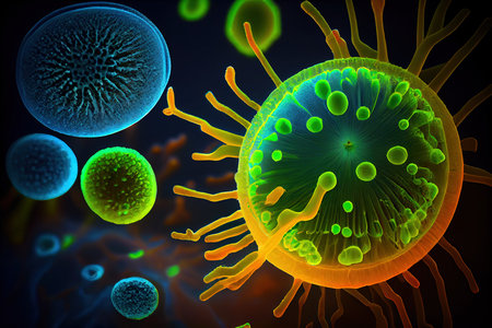 Digital illustration of  Flu virus in colour  backgrounの素材