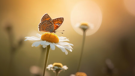 Butterfly on camomile flower in morning sunlight, close upの素材
