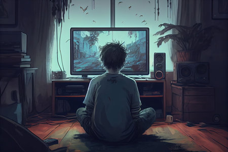 Man sitting on the floor and watching the TV in the room.の素材