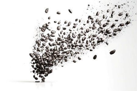 coffee beans splashing out of a coffee cup on white backgroundの素材
